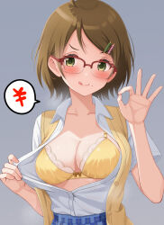 1girl ahoge blue_skirt blush bow bow_bra bra breasts brown_hair cardigan cleavage closed_mouth collared_shirt frozenpile green_eyes hair_ornament hairclip highres idolmaster idolmaster_cinderella_girls medium_breasts mole mole_under_mouth ok_sign open_cardigan open_clothes open_shirt plaid_clothes plaid_skirt pulling_own_clothes red-framed_eyewear school_uniform semi-rimless_eyewear shirt short_sleeves simple_background skirt solo sweater_vest swept_bangs tongue tsuchiya_ako underwear white_shirt yellow_bra yellow_sweater_vest yen_sign