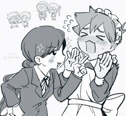 2girls 4boys 4kkrbk :3 alternate_costume antenna_hair aubrey_(faraway)_(omori) aubrey_(omori) basil_(faraway)_(omori) basil_(omori) blush butler chibi closed_mouth enmaided female_butler flower flying_sweatdrops greyscale hair_flower hair_ornament hero_(faraway)_(omori) hero_(omori) kel_(faraway)_(omori) kel_(omori) long_hair long_sleeves looking_at_another maid maid_headdress mari_(faraway)_(omori) mari_(omori) monochrome multiple_boys multiple_girls official_alternate_costume omori open_mouth ponytail short_hair simple_background smile sparkle sunny_(omori) sweatdrop twitter_username