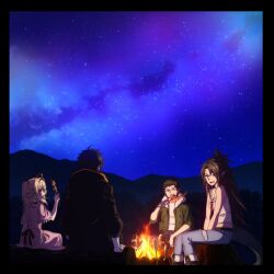 Rule 34 | black jacket, black outline, camping, dress, eating, elf, end card, eyecatch, fire, fish, fur trim, green jacket, highres, isshun de chiryou shiteita noni yakutatazu to tsuihou sareta tensai chiyushi yami healer toshite tanoshiku ikiru, jacket, lily (yami healer), lizard tail, makaria, night, night sky, official art, outline, pants, pink dress, pointy ears, reptile boy, reptile girl, shirt, sitting, sky, star (sky), tail, tank top, white shirt, zenos (yami healer), zonde (yami healer), zophia (yami healer)