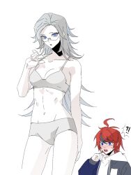 1boy 1girl aotsuki_eito black_hair blue_eyes bra breasts cleavage genderswap genderswap_(mtf) glasses highres long_hair multicolored_eyes multicolored_hair navel open_mouth panties red_eyes red_hair simple_background sumino_takumi the_hundred_line_-last_defense_academy- underwear underwear_only white_background white_hair