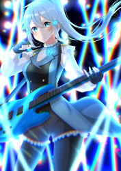 1girl absurdres alternate_costume alternate_hair_length alternate_hairstyle bad_id bad_pixiv_id black_gloves black_pantyhose black_shorts blue_eyes blue_flower blue_hair blue_rose closed_mouth cowboy_shot fingerless_gloves floating_hair flower frilled_shorts frills gloves hair_between_eyes highres holding holding_instrument idol instrument pantyhose_under_shorts long_hair long_sleeves looking_at_viewer miruka1024 pantyhose ponytail rose shirt short_shorts shorts sinon smile solo sparkle stage standing sweatdrop sword_art_online v-shaped_eyebrows very_long_hair white_shirt