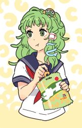 1girl alternate_costume bag blue_sailor_collar blush_stickers collared_shirt dot_nose eating food frog_hair_ornament green_eyes green_hair hair_intakes hair_ornament hair_tubes holding holding_bag holding_food jean_(jean_sp) keroro keroro_gunsou kochiya_sanae looking_to_the_side messy_hair neckerchief parody red_neckerchief sailor_collar school_uniform serafuku shirt single_hair_tube single_sidelock snack snake_hair_ornament solo touhou upper_body wide_sleeves