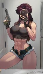 1girl abs bare_shoulders belt beretta_92 black_belt black_gloves black_lagoon black_tank_top boosty_username breasts brown_hair cellphone cleavage contrapposto covered_face crop_top cutoffs denim denim_shorts fingerless_gloves gloves gun handgun highres holding holding_gun holding_phone holding_weapon holster large_breasts long_hair midriff muscular muscular_female navel patreon_username phone ponytail revy_(black_lagoon) selfie short_shorts shorts shoulder_holster shoulder_tattoo smartphone solo stomach tank_top tattoo thighs toned toned_female tribal_tattoo weapon wersman