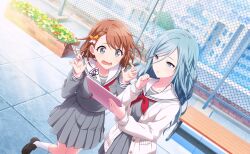 Rule 34 | 2girls, black shoes, blue eyes, blue hair, braid, brown hair, cardigan, chain-link fence, colorful palette, fence, flower, foot out of frame, game cg, grey eyes, grey serafuku, grey shirt, grey skirt, hair ornament, hanasato minori, highres, hinomori shizuku, holding, holding tablet pc, kokokara re:start! (project sekai), multiple girls, neckerchief, official art, open cardigan, open clothes, pleated skirt, project sekai, red neckerchief, sailor collar, school uniform, serafuku, shirt, shoes, skirt, socks, tablet pc, third-party source, white cardigan, white sailor collar, white socks