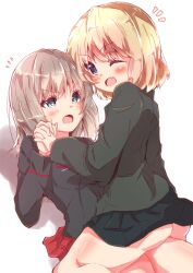 Rule 34 | 2girls, black jacket, black skirt, blonde hair, blue eyes, fang, frown, girls und panzer, green jacket, grey hair, holding hands, itsumi erika, jacket, katyusha (girls und panzer), kuromorimine military uniform, long hair, miniskirt, multiple girls, open mouth, pravda school uniform, red skirt, school uniform, short hair, skirt, smile, tom q (tomtoq), yuri