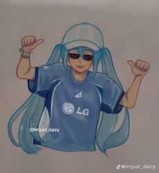 artist_name blue_hair blue_hat blue_shirt bracelet glases hair_between_eyes hands_up hat hatsune_miku highres jewelry lipstick logo long_hair makeup millonarios_fc shirt sidelocks simple_background sports_uniform sunglasses t-shirt twintails