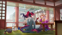 1boy 1girl absurdres arknights bare_shoulders beads black_hair blonde_hair blue_hair braid brother_and_sister closed_mouth colored_extremities commentary day dragon_bubble_(arknights) dragon_girl dragon_horns dragon_tail drink english_commentary eye_contact floating_hair flower food fruit gradient_hair grey_eyes grey_hair hair_between_eyes hair_flower hair_ornament hair_over_shoulder hand_up head_rest highres horns indoors long_hair long_sleeves looking_at_another multicolored_hair off_shoulder official_alternate_costume pointy_ears ponytail profile red_hair sd4869 shu_(arknights) shu_(spring_feast)_(arknights) siblings signature sitting smile snowing streaked_hair table tail wide_sleeves wooden_table yu_(arknights)