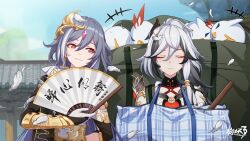 Rule 34 | 2girls, arm guards, armor, asymmetrical clothes, asymmetrical gloves, asymmetrical sleeves, bag, black hanfu, bridal gauntlets, chinese clothes, chinese text, closed mouth, copyright logo, copyright name, eyeliner, eyeshadow, feathers, fu hua, fu hua (crane of taixuan), fu hua (fenghuang of vicissitude), fu hua (garuda), herrscher of sentience, gloves, grey hair, grin, hair between eyes, hair ornament, hand fan, hanfu, highres, honkai (series), honkai impact 3rd, jingwei (bird), long hair, looking at another, makeup, mismatched gloves, multicolored hair, multiple girls, official art, paper fan, ponytail, red eyeliner, red eyes, red eyeshadow, shoulder armor, single bare shoulder, single off shoulder, smile, stick, streaked hair, two-tone hair, uneven sleeves, white hair