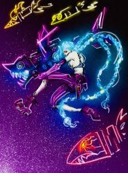 1girl absurdres arcane:_league_of_legends belt black_sclera blue_hair braid breasts colored_sclera crop_top deadpool_yuchan drawing_(object) elbow_gloves gloves glowing glowing_hair gradient_background gun handgun highres holding holding_rocket_launcher holding_weapon jinx_(league_of_legends) jumping league_of_legends long_hair low_twintails medium_breasts neon_palette pale_skin pants pink_eyes rocket rocket_launcher shark_fin sideboob sleeveless solo striped_clothes striped_pants teeth twin_braids twintails very_long_hair weapon