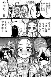 1boy 3koma 4girls animal_ear_headphones animal_ears aris_(blue_archive) blue_archive blush cabinet cat_ear_headphones comic doodle_sensei_(blue_archive) fake_animal_ears greyscale headphones highres jazz_(fukukan) looking_at_viewer marvel midori_(blue_archive) momoi_(blue_archive) monochrome multiple_girls sensei_(blue_archive) speech_bubble spider-man_(series) spider-man_2_(2023_game) ticket twitter yuzu_(blue_archive)
