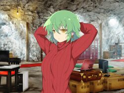 1girl :o arms_behind_head blush book bookshelf box breasts cabinet cardboard_box cave chair computer earrings green_hair half-closed_eyes hanging_light hikage_(senran_kagura) indoors jewelry laptop large_breasts light_bulb looking_at_viewer official_art red_sweater ribbed_sweater senran_kagura senran_kagura_new_link senran_kagura_shoujo-tachi_no_shin&#039;ei short_hair slit_pupils solo sweater table yaegashi_nan yellow_eyes