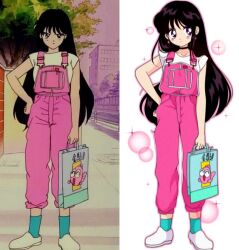 Rule 34 | 1990s (style), 1girl, ankle socks, annoyed, aqua socks, bad id, bad twitter id, bag, bare arms, bishoujo senshi sailor moon, black choker, black hair, brown eyes, bubble, choker, clenched hand, closed mouth, collarbone, commentary, derivative work, dot nose, earrings, english commentary, eyelashes, faux retro artstyle, full body, furrowed brow, hand on own hip, highres, hino rei, holding, holding bag, honeymoonpetal, jewelry, light blush, long hair, official style, outline, overalls, pink outline, pink overalls, pocket, retro artstyle, screenshot inset, screenshot redraw, shirt, shoes, shopping bag, short sleeves, socks, solo, sparkle, star (symbol), star earrings, tareme, very long hair, white background, white shirt, white shoes