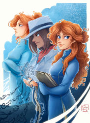 Rule 34 | 3girls, artist name, artist watermark, ascot, blue eyes, book, brown eyes, brown hair, coat, curly hair, dark-skinned female, dark skin, fedora, freckles, hat, highres, long hair, multiple girls, multiple persona, notebook, pattern (stormlight archive), ponytail, radiant (stormlight archive), red hair, shallan davar, short hair, shuravf, simple background, stormlight archive, straight hair, trench coat, veil (stormlight archive), watermark, words of radiance
