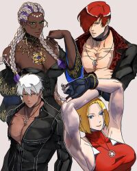 2girls arms_up blonde_hair blue_mary bodypaint braid braided_ponytail breasts cleavage dark-skinned_female dark_skin dolores_(kof) dress female_focus glasses gold green_eyes highres k&#039;_(kof) large_breasts long_hair looking_at_viewer medium_hair multiple_girls pale_skin round_eyewear short_hair syachiiro tank_top the_king_of_fighters yagami_iori