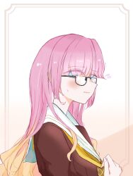 Rule 34 | 1girl, anyoji hime, black-framed eyewear, blonde hair, blunt bangs, blush, brown dress, brown hair, closed mouth, commentary, dress, flying sweatdrops, glasses, gradient hair, hasu no sora school uniform, highres, inset border, link! like! love live!, long bangs, long hair, long sleeves, looking at viewer, love live!, multicolored hair, neckerchief, nervous, out of character, outside border, pink hair, rakk27606689, sailor collar, sailor dress, school uniform, solo, sweatdrop, upper body, virtual youtuber, white sailor collar, winter uniform, yellow neckerchief