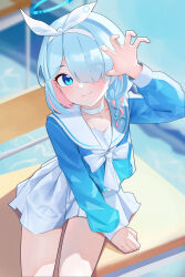 1girl absurdres arona_(blue_archive) blue_archive blue_eyes blue_hair blue_halo blue_pupils blue_shirt bow_hairband braid choker closed_mouth colored_inner_hair commentary desk hair_over_one_eye hairband halo highres long_sleeves looking_at_viewer multicolored_hair neckerchief ohwonti75 on_desk sailor_collar school_uniform shirt short_hair simple_background single_braid sitting skirt smile solo split_mouth white_choker white_hairband white_neckerchief white_sailor_collar white_skirt