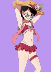 1girl absurdres armpits arms_behind_head arms_up beads bikini black_eyes black_hair boruto:_naruto_next_generations boruto:_naruto_the_movie bow breasts collarbone flower glasses green-tinted_eyewear grin hat hat_flower heart highres looking_at_viewer looking_over_eyewear looking_over_glasses naruto naruto_(series) navel one_eye_closed open_clothes open_vest pink_vest purple_background red_bikini red_skirt short_hair skirt small_breasts smile standing straw_hat sun_hat sunglasses swimsuit teeth thigh_strap third-party_edit tinted_eyewear uchiha_sarada vest white_bikini wink