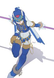 1girl armor blue_armor blue_eyes blue_helmet fairy_leviathan_(mega_man) forehead_jewel full_body helmet highres holding holding_polearm holding_weapon jewelry mega_man_(series) mega_man_zero_(series) polearm shadow simple_background solo vani_(hisha_04) weapon white_background