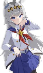 1girl absurdres ahoge animal_ears blue_eyes blue_sailor_collar blue_skirt diamond_hairband grey_hair highres horse_ears horse_girl jacket jei_(user_tckk7448) long_hair long_sleeves midriff navel neckerchief oguri_cap_(umamusume) pleated_skirt red_neckerchief sailor_collar shadow simple_background skirt solo sweat umamusume very_long_hair white_background white_jacket