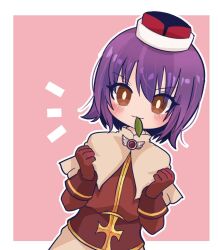 1girl :3 acolyte_(ragnarok_online) biretta blush brown_capelet brown_eyes brown_gloves brown_shirt brown_skirt capelet clenched_hands closed_mouth commentary_request cowboy_shot gloves hat leaf_in_mouth long_sleeves looking_at_viewer notice_lines pink_background pochiko_(poteko) purple_hair ragnarok_online red_hat shirt short_hair skirt smile solo two-tone_background
