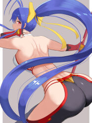 Rule 34 | 1girl, antenna hair, arc system works, artist request, ass, bare shoulders, blazblue, blazblue: central fiction, blue hair, blush, bow, breasts, fingerless gloves, from behind, gloves, hair bow, hair ribbon, halterneck, large breasts, leaning, leaning forward, long hair, looking at viewer, looking back, mai natsume, outseal, pants, parted lips, polearm, ponytail, red eyes, ribbon, sideboob, solo, spear, very long hair, weapon