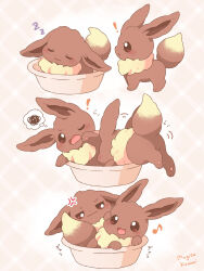 ! :3 :d anger_vein annoyed artist_name blush brown_background brown_eyes closed_eyes closed_mouth commentary_request eevee gen_1_pokemon highres in_bowl in_container mugita_konomi musical_note nintendo no_humans open_mouth plaid_background pokemon pokemon_(creature) sleeping smile speech_bubble spoken_squiggle squiggle thought_bubble zzz