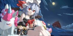 1girl afloat alternate_costume bat_wings black_dress blue_hair character_doll chu_(yuzumeno) cloud collarbone doll dress flandre_scarlet full_moon game_cg hat hat_ribbon highres holding innertube mob_cap moon night night_sky ocean official_art open_mouth red_eyes red_ribbon remilia_scarlet remilia_scarlet_(tiny_devil_mistress) ribbon sky solo swim_ring third-party_source touhou touhou_lostword white_hat wings