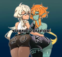 2girls ahoge ass ass-to-ass bare_shoulders blonde_hair blue_background blue_eyes colored_sclera colored_skin cosplay crossed_bangs dark-skinned_female dark_skin gradient_background green_skin long_hair looking_at_viewer looking_back midna midna_(cosplay) milestone_celebration multiple_girls orange_hair original parted_lips red_eyes rhymewithray ruth_(rhymewithray) shirt shorts simple_background sleeveless sleeveless_shirt thank_you white_shirt yellow_sclera