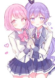2girls blue_skirt blush bow heart highres hirame_(hi03ra) holding_hands hoshizaki_akari interlocked_fingers jacket long_hair long_sleeves looking_at_viewer multiple_girls necktie ongeki pink_eyes pink_hair pleated_skirt purple_eyes purple_hair ribbon school_uniform short_hair signature skirt smile takase_rio white_background yuri