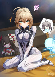 Rule 34 | !, !!, 2girls, ^^^, absurdres, ahoge, aqua eyes, artist name, artoria pendragon (fate), astral express (honkai: star rail), baseball bat, bed, blonde hair, blue bow, blush, blush stickers, bodysuit, bow, braid, breasts, character doll, closed mouth, cosplay, dasoin, dated, doll, electricity, embarrassed, fate/stay night, fate/unlimited blade works, fate (series), firefly (ar-26710) (honkai: star rail), firefly (honkai: star rail), firefly (honkai: star rail) (cosplay), grey hair, hair between eyes, hair bow, hair bun, half-closed eyes, highres, honkai: star rail, honkai (series), huge ahoge, indoors, long hair, looking at viewer, medium breasts, multiple girls, on bed, saber (fate), saber (honkai: star rail) (fate), shadow, short hair, sidelocks, signature, sitting, smile, solo focus, sparkle (doll) (honkai: star rail), sparkle (honkai: star rail), spoken character, spoken exclamation mark, stelle (honkai: star rail), sweatdrop, trailblazer (honkai: star rail), v-shaped eyebrows, white bodysuit, window