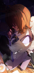 1girl absurdres agnes_tachyon_(umamusume) bags_under_eyes binder bow bowtie breasts brown_hair character_name coat cum gorioshi0802 hair_between_eyes highres holding holding_pen indoors lab_coat light_rays medium_breasts medium_hair open_clothes open_coat pen pen_in_mouth plaid_clothes pleated_skirt purple_bow purple_bowtie purple_eyes purple_shirt red_eyes sailor_collar school_uniform shirt signature sitting skirt solo spoon swivel_chair tracen_school_uniform twitter_username umamusume upper_body white_coat white_sailor_collar white_skirt