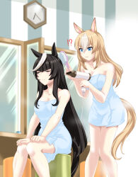 !? 2girls :&gt; :i animal_ears bare_shoulders black_hair blonde_hair blue_eyes blunt_bangs blunt_ends blurry blurry_background breasts calstone_light_o_(umamusume) cleavage clock closed_eyes collarbone durandal_(umamusume) feet_out_of_frame hair_between_eyes hair_brush hair_dryer hands_on_lap highres holding holding_hair_brush holding_hair_dryer horse_ears horse_girl horse_tail light_brown_hair long_hair mirror motion_lines multicolored_hair multiple_girls naked_towel sidelocks smile swept_bangs tail towel two-tone_hair umajiri_gyuunyuu umamusume very_long_hair