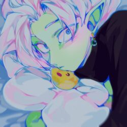 Rule 34 | 1boy, bad id, bad twitter id, black bodysuit, bodysuit, closed mouth, colored skin, daisy (flower), dragon ball, dragon ball super, earrings, flower, fused zamasu, green skin, grey eyes, jewelry, long sleeves, looking at viewer, looking up, lying, on side, pillow, pointy ears, potara earrings, sffuju, solo, spiked hair, white hair