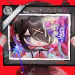 Rule 34 | 1girl, ame-chan (needy girl overdose), black hair, black skirt, blonde hair, blue eyes, bow, chouzetsusaikawa tenshi-chan, commentary request, cowboy shot, hair bow, hair ornament, hair over one eye, highres, holding, holding picture frame, iei, long bangs, looking at viewer, multicolored hair, multiple hair bows, naishukketsukata, needy girl overdose, one eye covered, open mouth, picture frame, red background, red shirt, shirt, short sleeves, simple background, skirt, smile, solo, sparkle, speech bubble, split theme, standing, straight-on, translation request, twintails, twitter username, x hair ornament