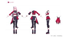 1girl amagai_tarou asymmetrical_legwear belt black_footwear black_nails boots hair_ribbon highres hololive hololive_english hololive_idol_uniform_(color_rise) midriff mori_calliope nail_polish official_alternate_costume official_art pink_hair platform_footwear platform_heels red_eyes reference_sheet ribbon virtual_youtuber
