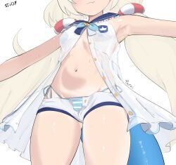 1girl :3 absurdres armpits blonde_hair blue_sailor_collar breasts dress fins fish_girl fish_tail head_out_of_frame highres indie_virtual_youtuber loli long_hair low_twintails navel open_clothes open_dress p_protocoll sailor_collar sameko_saba short_shorts shorts simple_background small_breasts smile solo stomach tail thighs twintails very_long_hair virtual_youtuber white_background white_dress