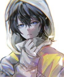 1boy artist_request bad_tag black_hair blue_eyes eve_(utaite) fanart_digital glitch_effect glowing glowing_eyes hand_to_mouth hood hood_up indie_utaite iridescent jacket jewelry looking_at_viewer pale_skin ring sad serious short_hair source_request sparkle upper_body white_background