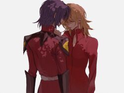 Rule 34 | 1boy, 1girl, athrun zala, back, blonde hair, blue hair, cagalli yula athha, couple, gundam, gundam seed, hetero, jacket, long sleeves, military jacket, military uniform, she (morianosu), shirt, short hair, simple background, upper body, white background, yellow eyes, zaft uniform