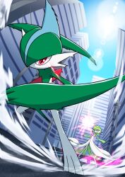 arm_blade blue_sky bob_cut building city colored_skin dress gallade gardevoir gen_3_pokemon gen_4_pokemon green_hair green_skin hair_over_one_eye highres higunjun multicolored_skin nintendo pink_eyes pokemon pokemon_(creature) sky two-tone_skin weapon white_dress white_skin