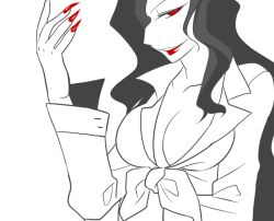 1girl akariya_kuubu black_hair breasts cleavage evil_smile fingernails genderswap genderswap_(mtf) hair_over_one_eye hand_on_own_stomach hand_up large_breasts long_fingernails long_hair looking_at_viewer melty_blood michael_roa_valdamjong monochrome red_eyes red_lips red_nails sharp_fingernails simple_background smile tsukihime upper_body vampire very_long_hair