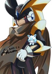 1boy baron-0628 bass.exe_(mega_man) black_bodysuit black_helmet bodysuit brown_cloak cloak cowboy_shot facial_mark fins head_fins helmet highres mega_man_(series) mega_man_battle_network_(series) missing_commentary red_eyes simple_background solo_focus white_background