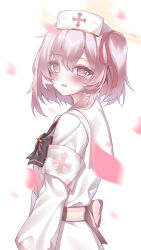 1girl :d amerika_neko arm_at_side armband black_bow black_bowtie blue_archive blurry blush bow bowtie bright_pupils commentary cowboy_shot cross_ornament depth_of_field dress falling_petals feather_hair from_side hair_between_eyes hair_ribbon halo hat highres long_sleeves looking_at_viewer medium_hair nurse_cap one_side_up open_mouth petals pink_eyes pink_hair red_ribbon ribbon sailor_collar school_uniform serafuku serina_(blue_archive) simple_background smile solo white_armband white_background white_dress white_hat white_sailor_collar yellow_halo