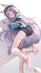 1girl 1other absurdres animal_ear_fluff animal_ears barefoot between_legs black_shorts blush commission goggles goggles_on_head gradient_background grey_hair hair_ornament highres long_hair lying on_side original pov pov_hands shadow shorts soles solo_focus tail tail_between_legs toes variant_set very_long_hair zhenli-mari