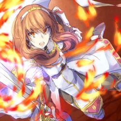 Rule 34 | 1girl, armor, armored boots, attack, black gloves, black skirt, black thighhighs, boots, breastplate, cape, celica (fire emblem), choker, dress, earrings, fingerless gloves, fire, fire emblem, fire emblem echoes: shadows of valentia, gloves, holding, holding sword, holding weapon, incoming attack, jewelry, long hair, magic, nintendo, orange eyes, orange hair, princess, red eyes, red hair, riyru4l, skirt, solo, sword, thighhighs, tiara, weapon, white armor, white dress