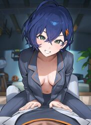 Rule 34 | 1boy, 1girl, alternate costume, belle (zenless zone zero), blue hair, blush, breasts, clenched teeth, collarbone, commentary request, crossed bangs, good morning my brother! (meme), green eyes, grey pajamas, grey pants, grey shirt, hair ornament, highres, hood (james x), indoors, letter hair ornament, looking at viewer, medium breasts, meme, navel, open clothes, open mouth, open shirt, pajamas, pants, pov, shirt, short hair, solo focus, stomach, straddling, sweat, teeth, tokidoki bosotto roshia-go de dereru tonari no alya-san, zenless zone zero