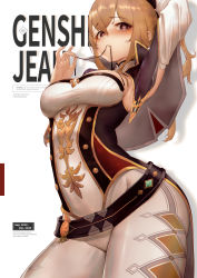 1girl absurdres arm_up blonde_hair blue_eyes blush bow breasts capelet character_name cleavage copyright_name cowboy_shot detached_sleeves genshin_impact hair_between_eyes heart heart-shaped_pupils highres holding jean_(genshin_impact) l_ract long_hair looking_at_viewer medium_breasts mouth_hold pants ponytail ribbon sidelocks solo symbol-shaped_pupils tight_clothes white_pants