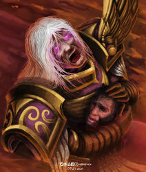 Rule 34 | 2024, 2boys, absurdres, armor, artist name, artstation logo, artstation username, blood, blood on face, breastplate, brothers, colored tears, commentary, crying, dated, decapitation, deviantart logo, deviantart username, disembodied head, english commentary, facebook logo, facebook username, fantasy, ferrus manus, fulgrim, gauntlets, glowing, glowing eyes, highres, holding, instagram logo, instagram username, kneeling, long hair, male focus, multiple boys, niellustrate, open mouth, pauldrons, power armor, primarch, purple armor, purple eyes, sad, shoulder armor, shouting, siblings, teardrop, tears, twitter logo, twitter username, warhammer 40k, white hair