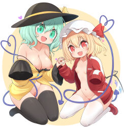2girls black_hat black_thighhighs blonde_hair breasts crystal_wings flandre_scarlet grabbing_another&#039;s_hand green_eyes green_hair harunoha hat highres jacket jersey komeiji_koishi large_breasts long_sleeves medium_hair multiple_girls navel nipples open_mouth pussy red_eyes shirt sitting sleeves_past_wrists small_breasts smile tail thighhighs touhou track_jacket track_suit wariza white_hat white_thighhighs wings yellow_shirt