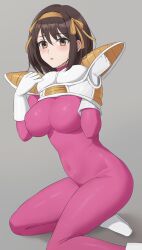 1girl absurdres amayo_thranana blush bodysuit brown_eyes brown_hair commentary_request cosplay dragon_ball dragonball_z gloves grey_background hair_ribbon hairband hands_up highres impossible_bodysuit impossible_clothes kneeling looking_at_viewer parted_lips ribbon saiyan_armor shoes simple_background skin_tight solo suzumiya_haruhi suzumiya_haruhi_no_yuuutsu white_gloves white_shoes yellow_hairband yellow_ribbon