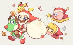 bag blonde_hair blue_eyes boots candy chibi christmas creatures_(company) dinosaur facial_hair fairy food fur_trim game_freak gen_2_pokemon gift gloves hat kirby kirby_(series) link looking_at_viewer mario_(series) mushroom mustache nintendo open_mouth pichu poke_ball pokemon pokemon_(creature) santa_costume short_hair simple_background smile star_(symbol) super_smash_bros. tail the_legend_of_zelda the_legend_of_zelda:_the_wind_waker toon_link triforce wusagi2 yoshi